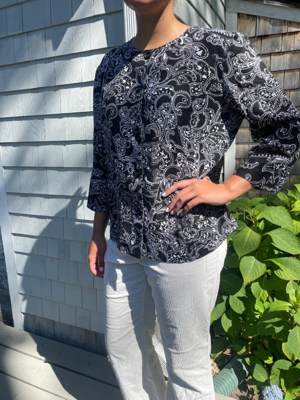 JM Collection 100% Linen Black & White Paisley Button-Front Blouse, 14